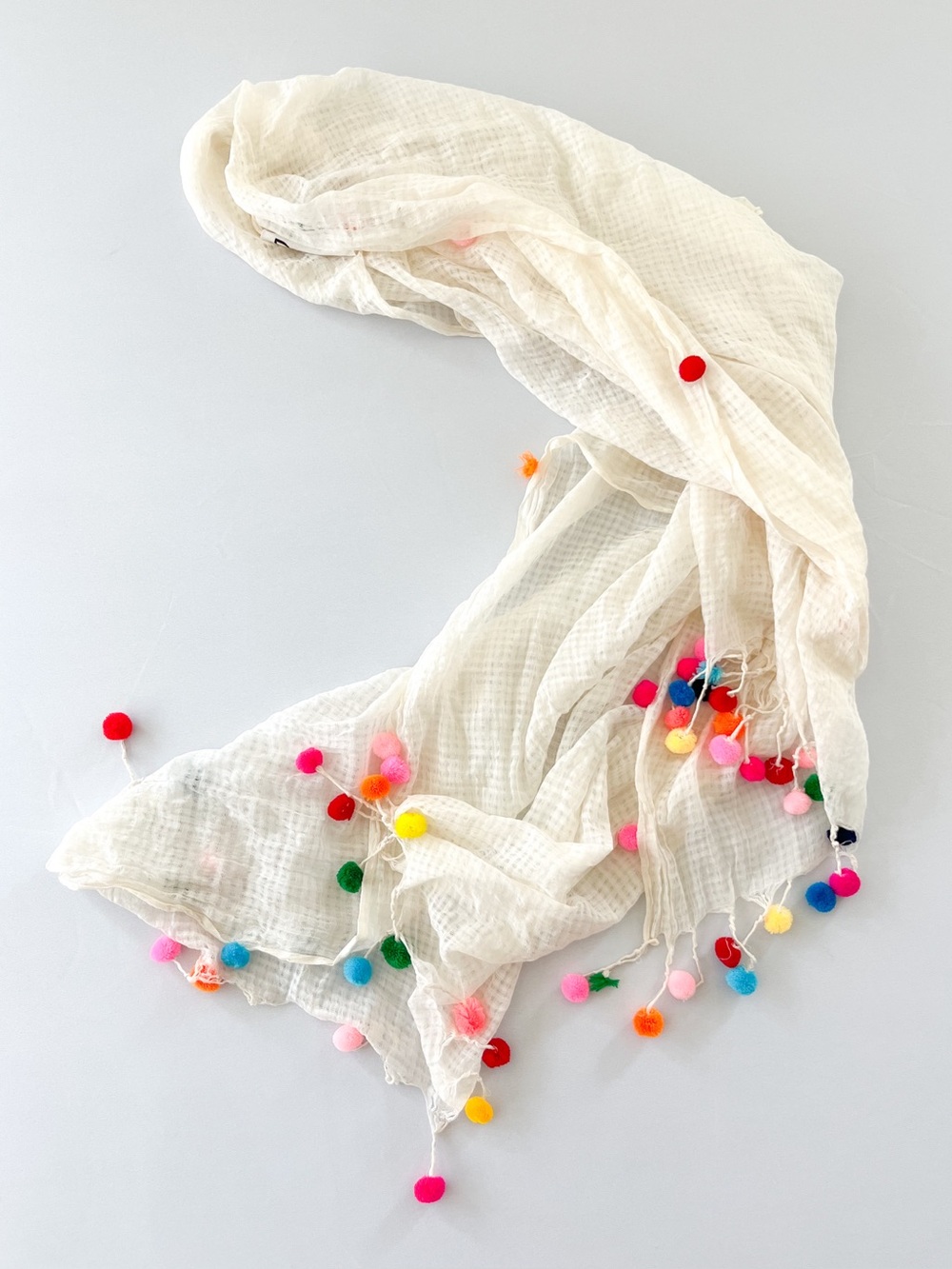 Pitusa White Gauze Multicolor Pom Pom Swim Coverup Scarf One Size